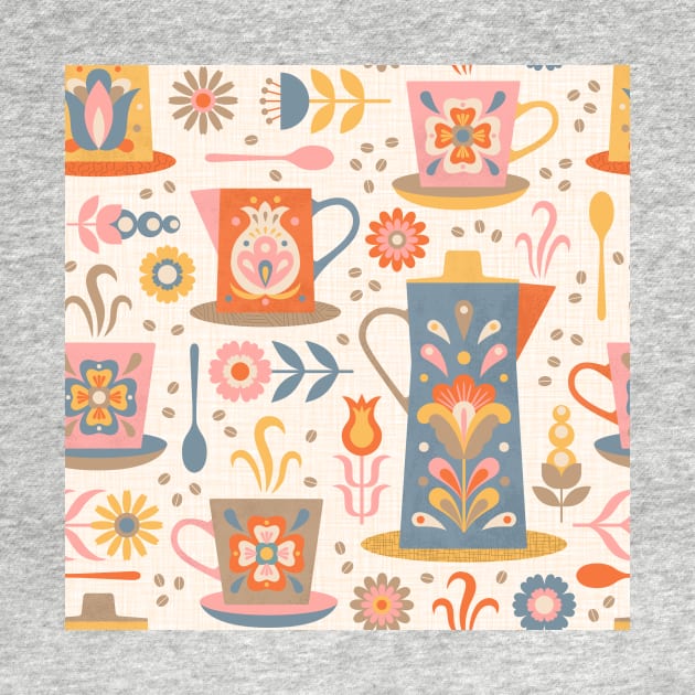 Scandinavian Coffee Break featuring  floral folk art decorated coffee pots and cups in blue, orange, pink and yellow by missmewow